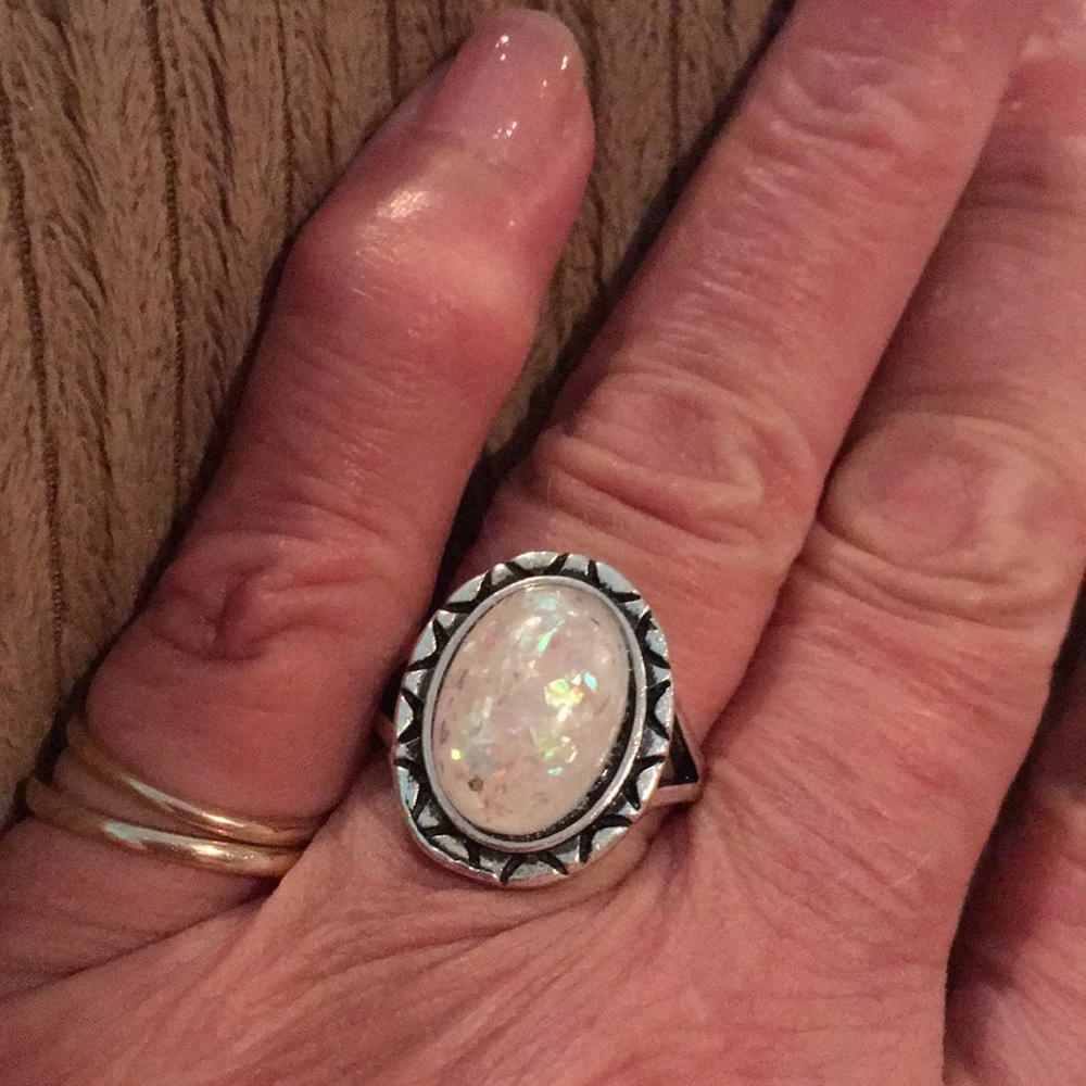 Opal (Faux) Silver Tone Boho Ring.